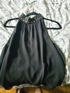 Kenneth Cole-Black Halter Neck Top with Gold Stud Detail
